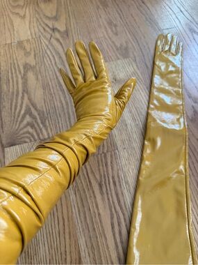 Long Gloss Mustard Yellow Opera Gloves faux leather shiny